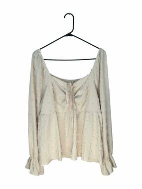 Women's Blouse Top Tie Front Cream Long Sleeve Plus Size 2XL